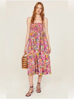 S/W/F~Miro~Smocked Midi Dress in Multi Geometric Print~Size Small~$369~